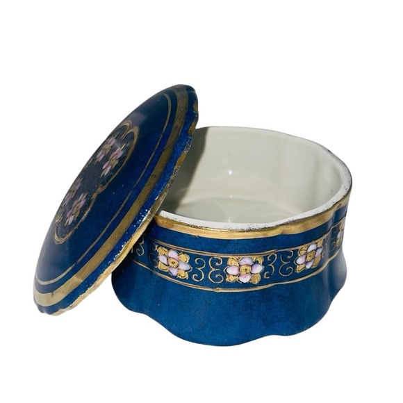 Toyo Cobalt Blue Porcelain Trinket Box with Gold & Floral Detail 4.5” x 2.75” - Picture 3 of 11